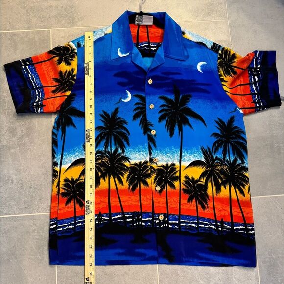 Kennington Hawaiian Shirt Mens Large Blue Sunset Palm Trees Short Sleeve - Picture 4 of 7